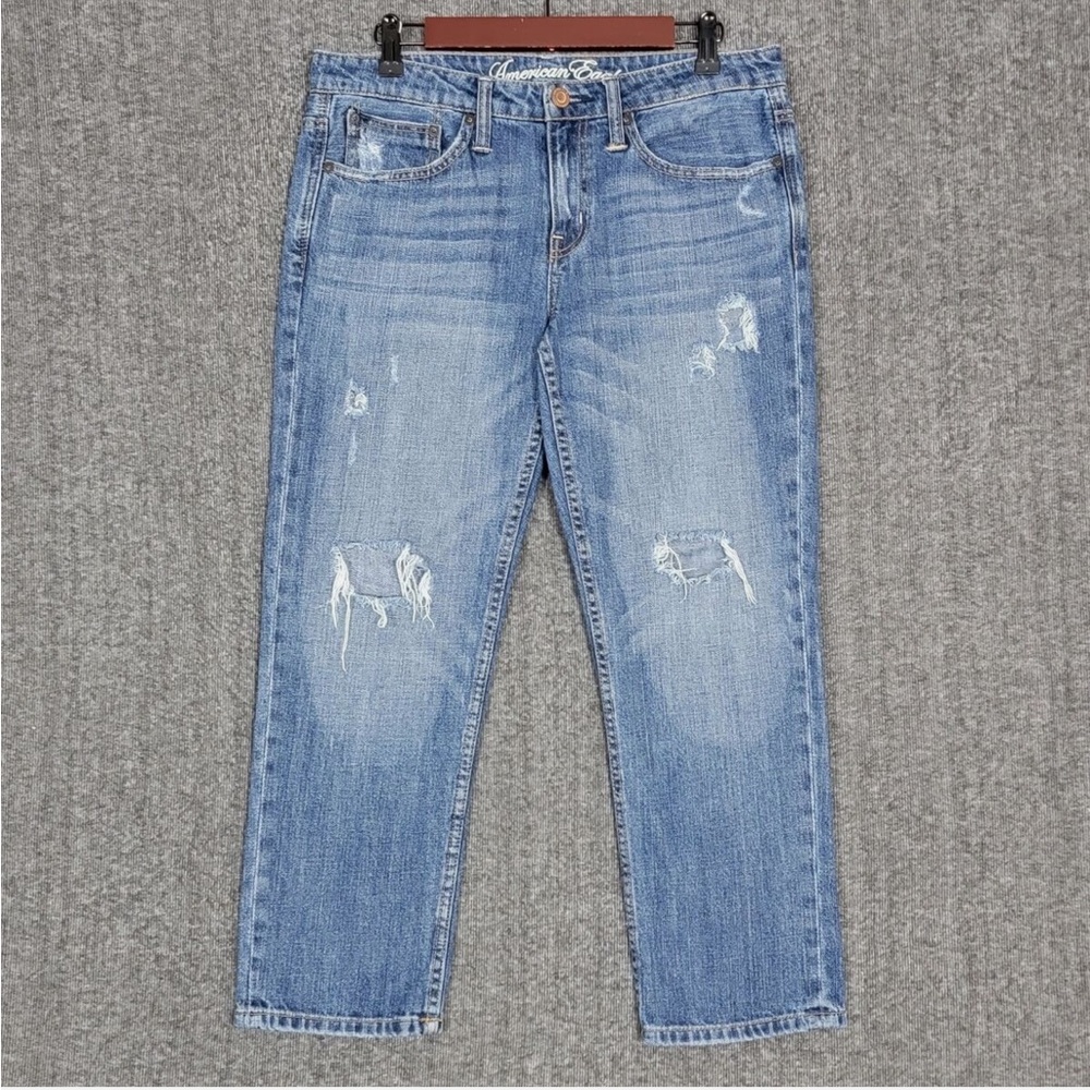 American Eagle Jeans Ankle Blue Relaxed Straight Leg Distressed | Women's 8 Reg